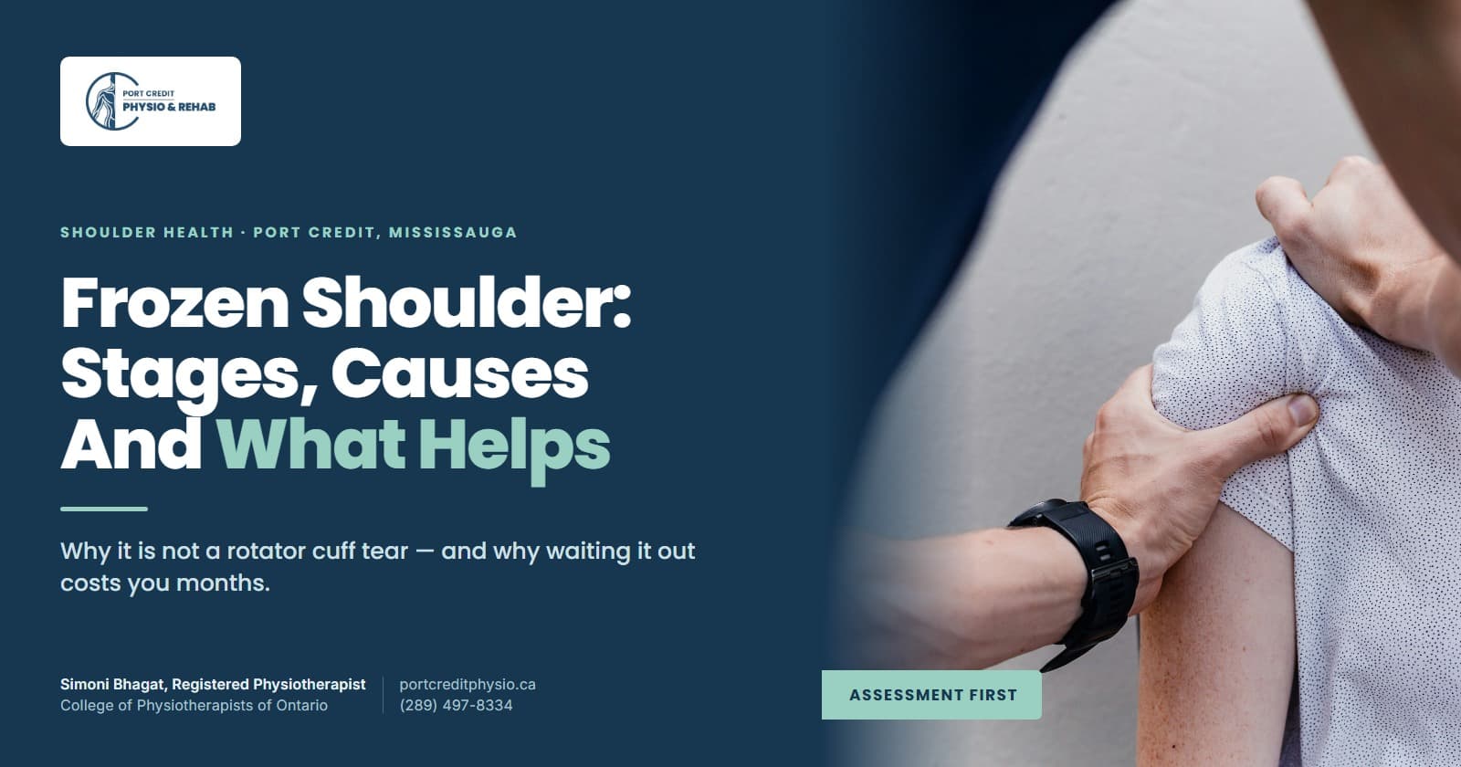 Registered Physiotherapist assessing a patient's shoulder range of motion at Port Credit Physio & Rehab in Mississauga